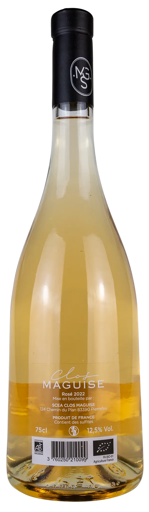 Rückseite einer Weinflasche Clos Maguise rosé 2022, ein Roséwein von der Côtes de Provence, ein trockener Roséwein von Leons Weinhaus
