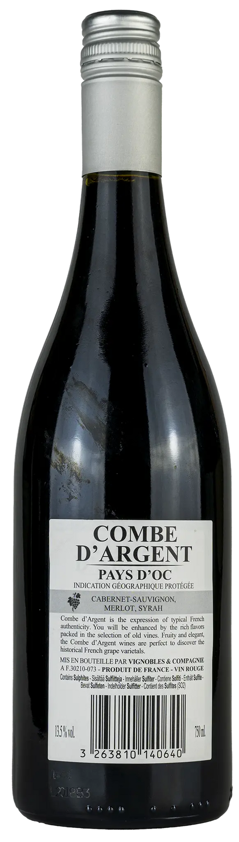 Rückseite einer Weinflasche Combe d´Argent 'Vieilles Vignes' 2021 aus dem Languedoc, aus den Rebsorten
Cabernet Sauvignon, Merlot, Syrah. Ein trockener französischer Rotwein  von Leons Weinhaus