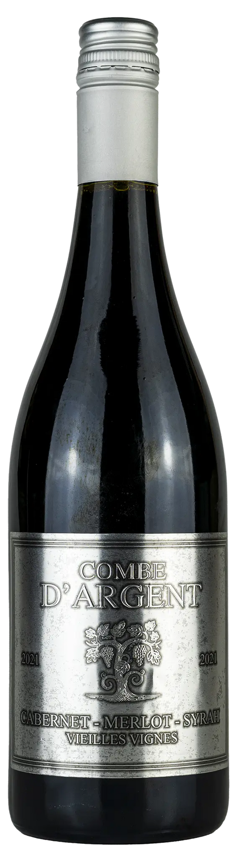 Vorderseite einer Weinflasche Combe d´Argent 'Vieilles Vignes' 2021 aus dem Languedoc, aus den Rebsorten
Cabernet Sauvignon, Merlot, Syrah. Ein trockener französischer Rotwein  von Leons Weinhaus
