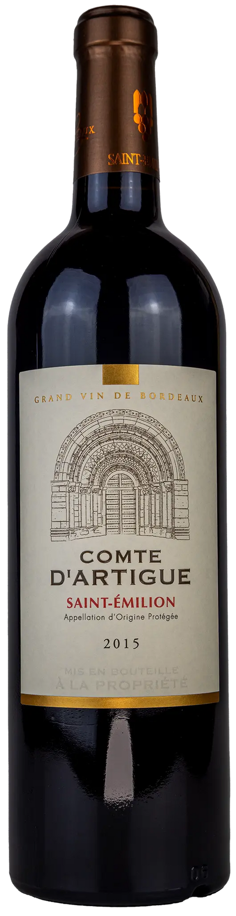 Vorderansicht der Weinflasche Château Grand Lartigue »Comte d´Artigue« 2015 aus Saint-Émilion, Bordeaux. Ein trockener, trinkreifer französischer Rotwein von Leons Weinhaus.