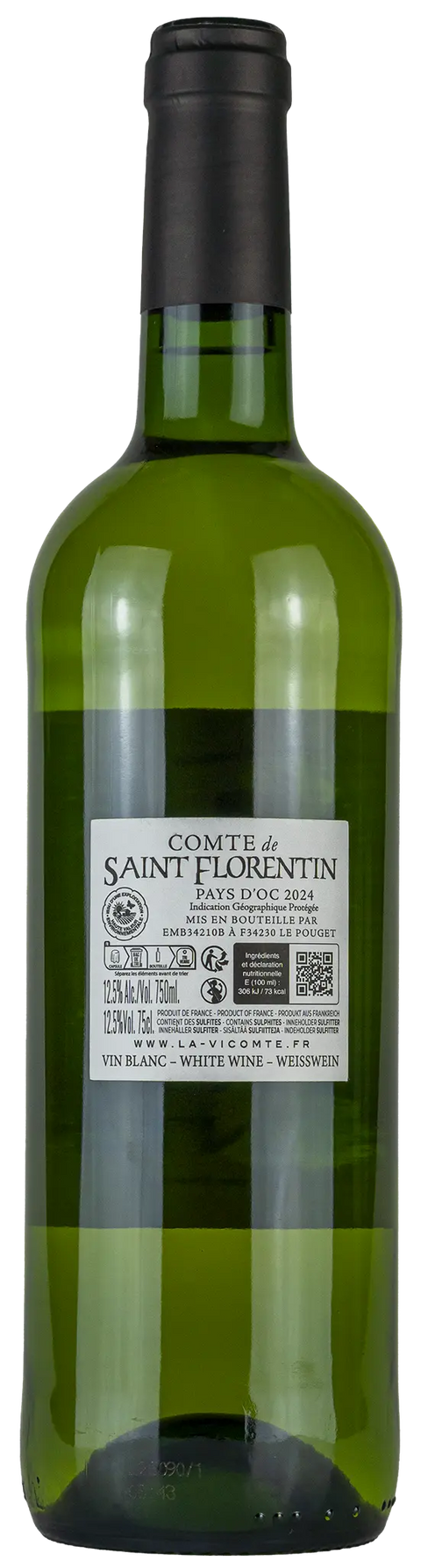 Rückseite einer Weinflasche Comte de Saint Florentin 'blanc' 2024 aus Pays d’Oc - Languedoc, einem trockenen Weisswein von Leons Weinhaus