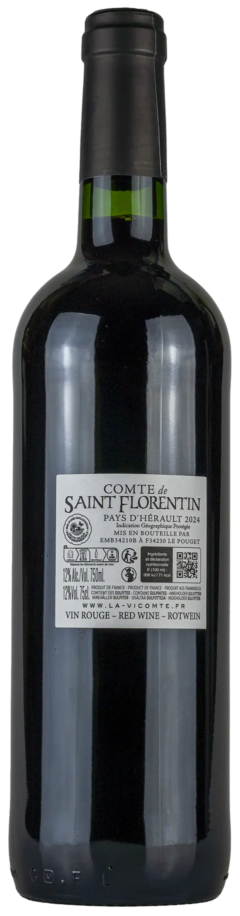 Rückseite einer Weinflasche Comte de Saint Florentin 'rouge' 2024 aus dem Languedoc, ein trockener französischer Rotwein. 