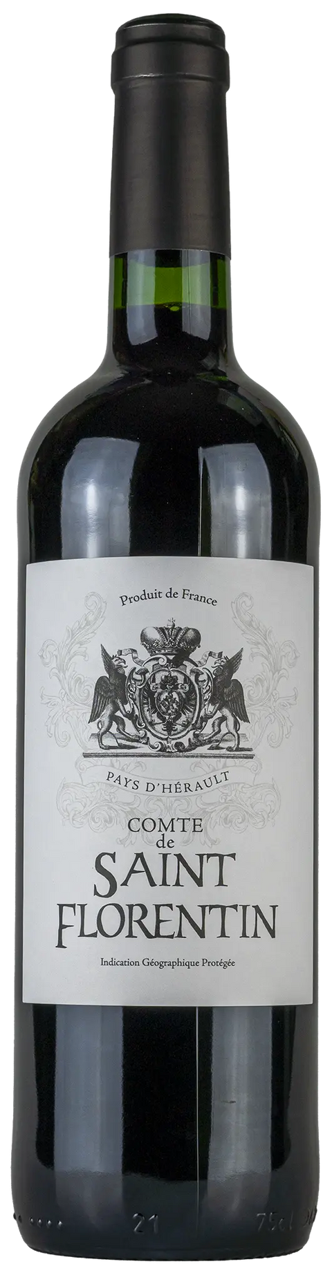 Vorderansicht der Weinflasche Comte de Saint Florentin 'rouge' 2024 aus dem Languedoc, ein trockener französischer Rotwein. 