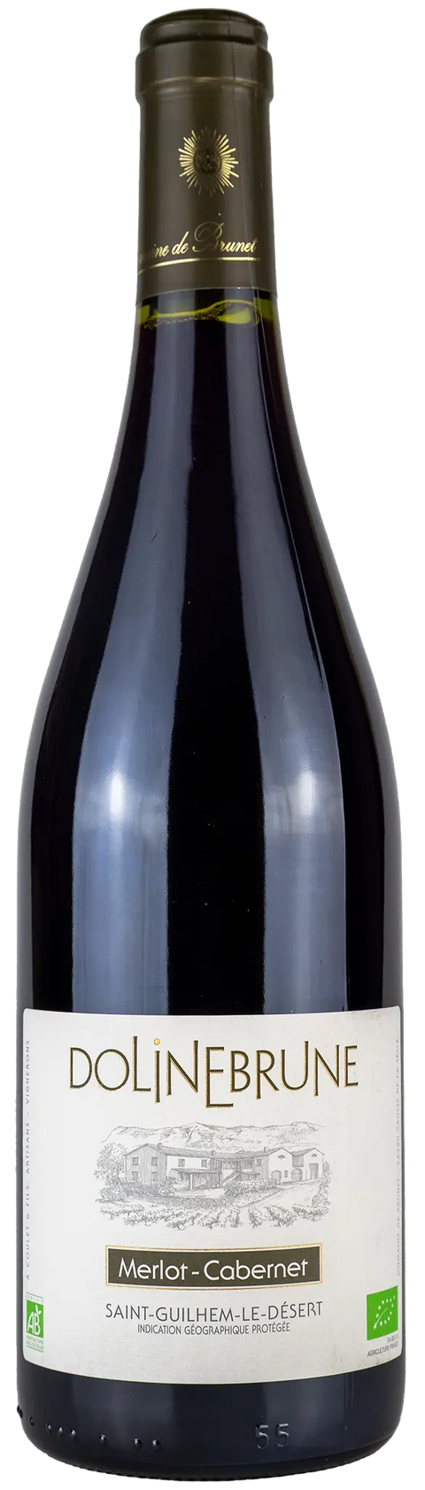 Vorderseite einer Weinflasche vom Dolinebrune Merlot-Cabernet 2023 aus dem Languedoc mit Details zu den Rebsorten Merlot und Cabernet. Einem trockenen französischen Bio Rotwein von Leons Weinhaus