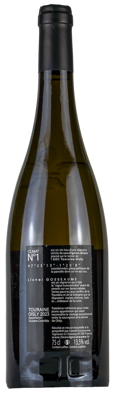 Rückseite einer Weinflasche Domaine Gosseaume 'Climat N°1' 2023 aus Touraine Oisly - Loire, 100 % Sauvignon Blanc, einem trockenen Weisswein von Leons Weinhaus
