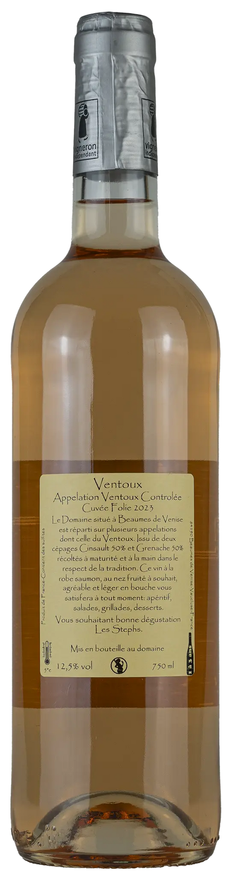 Rückseite einer Weinflasche Domaine St. Roch 'Cuvée Folie' 2023 von der Rhône, ein trockener Roséwein von Leons Weinhaus