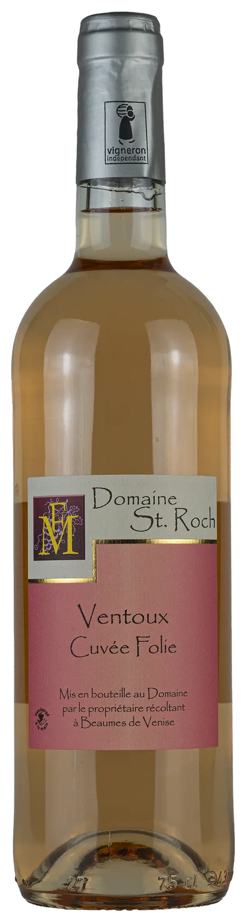 Vorderseite einer Weinflasche Domaine St. Roch 'Cuvée Folie' 2023 von der Rhône, ein trockener Roséwein von Leons Weinhaus