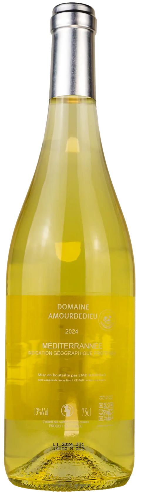Nahaufnahme des Etiketts von Domaine Amourdedieu le blanc de blanc 2024 Méditerranée, Rhône mit Details zum Wein. 