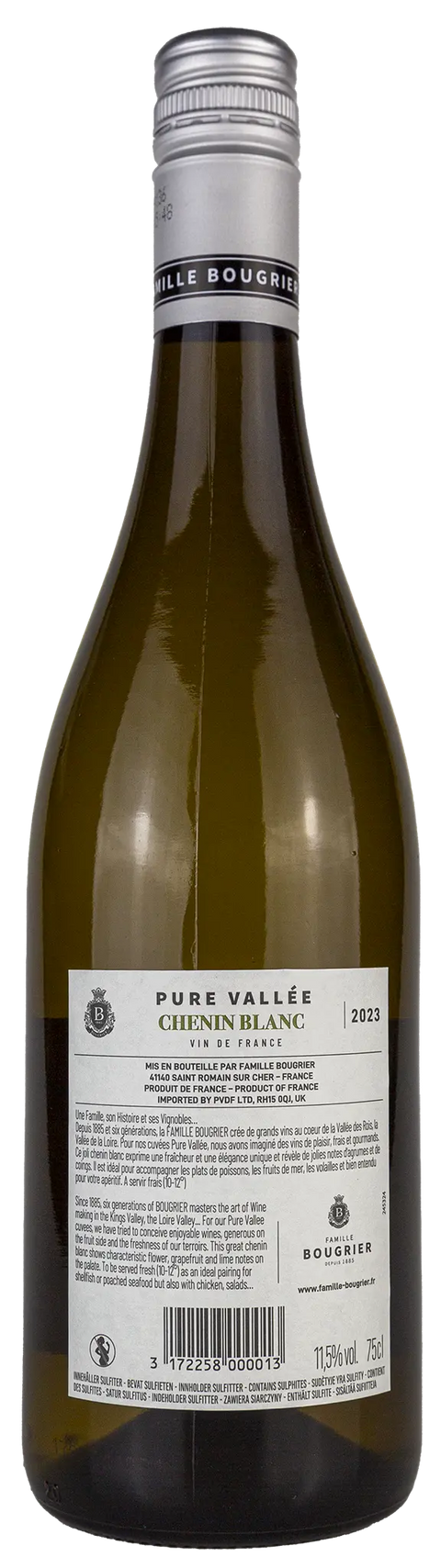 Rückseite einer Weinflasche Domaine Bougrier 'Chenin Blanc' 2023 von der Loire, Rebsorte 100% Chenin Blanc, einem trocken Weisswein von Leons Weinhaus
