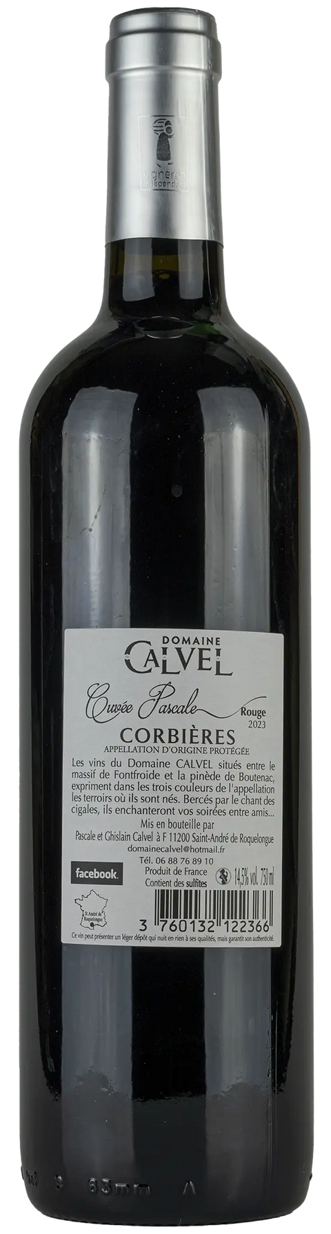 Rückseite einer Weinflasche Domaine Calvel 'Cuvée Pascale' 2023 aus Corbières - Languedoc. Ein trockener französischer Rotwein von Leons Weinhaus