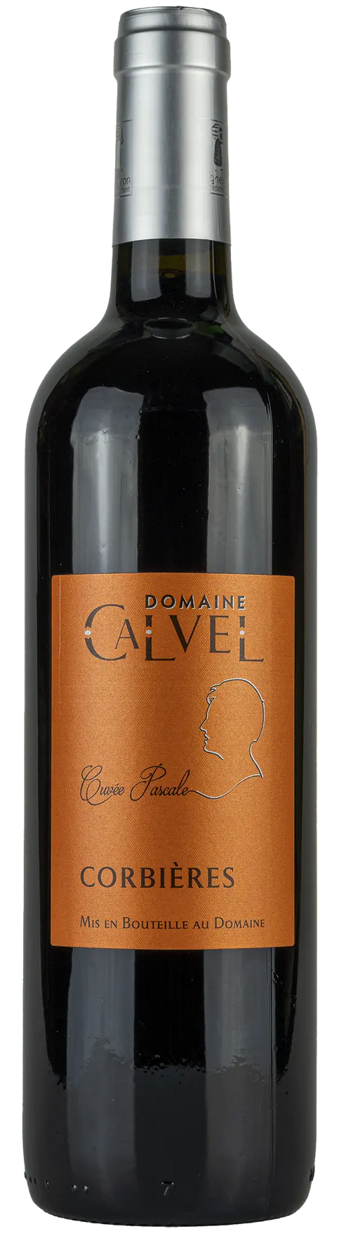 Vorderseite einer Weinflasche Domaine Calvel 'Cuvée Pascale' 2023 aus Corbières - Languedoc. Ein trockener französischer Rotwein von Leons Weinhaus