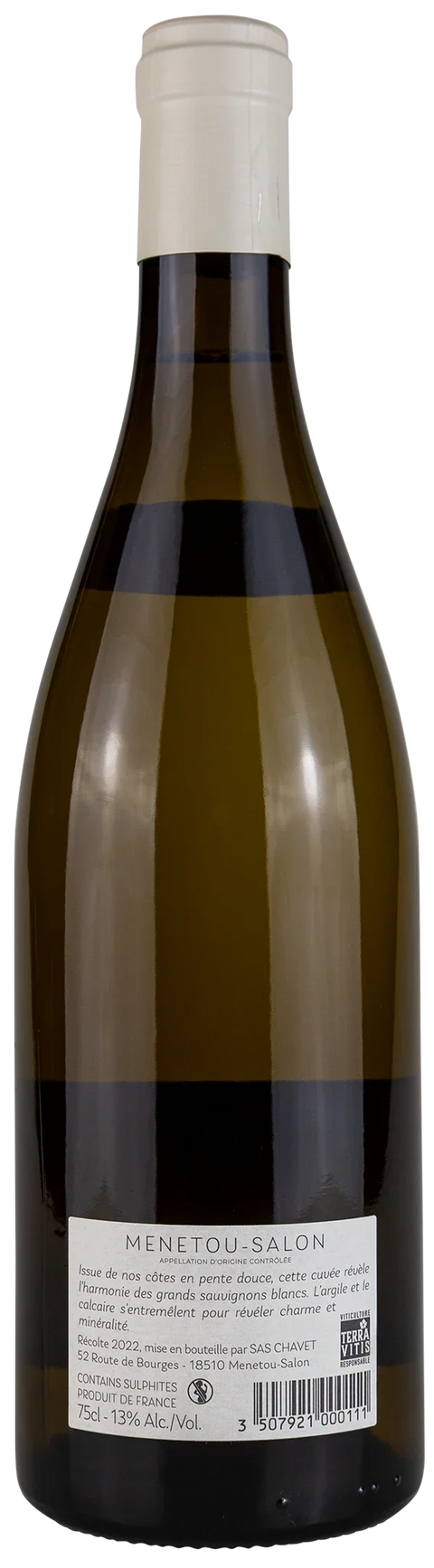Rückseite einer Weinflasche Domaine Chavet 'La Côte' 2022, aus der Region Menetou‑Salon - Loire aus der Rebsorte Sauvignon Blanc, ein trockener Weisswein von Leons Weinhaus