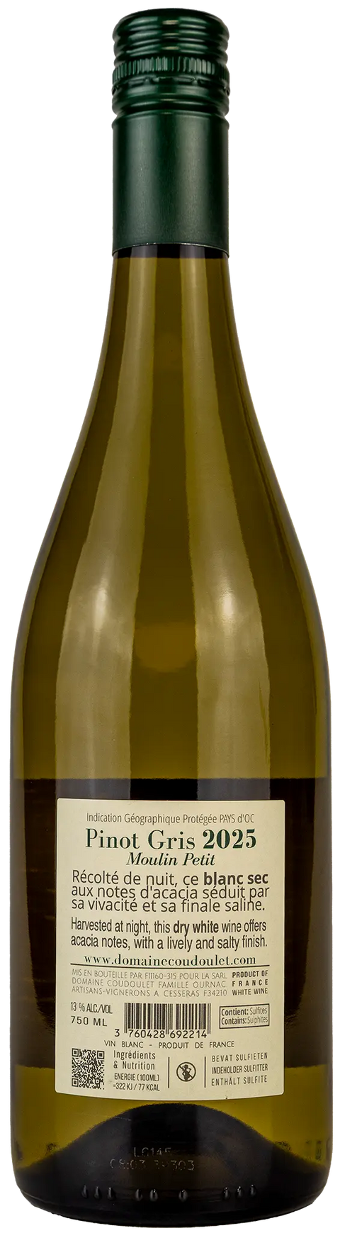 Nahaufnahme des Etiketts von Domaine Coudoulet Pinot Gris 2025 aus dem Languedoc mit Details zu der Rebsorte Pinot Gris und dem Wein. 