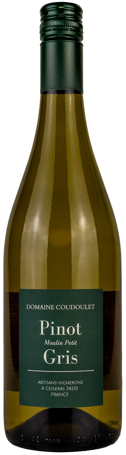 Vorderansicht der Weinflasche Domaine Coudoulet Pinot Gris 2025 aus dem Languedoc. Ein trockener französischer Weißwein von Leons Weinhaus.