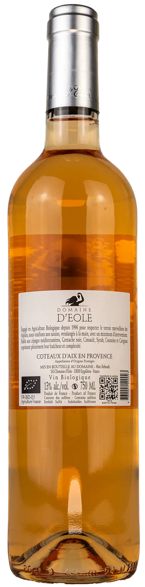 Nahaufname des Etiketts von Domaine d´Eole rosé 2024 aus der Provence mit Details zum Wein. 