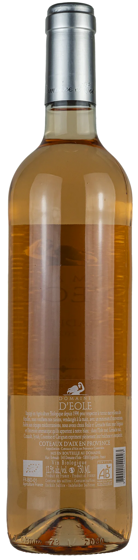 Rückseite einer Weinflasche Domaine d´Eole 2023 von der Coteaux d’Aix-en-Provence - Provence, ein trockener Roséwein von Leons Weinhaus