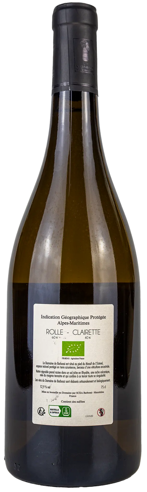 Nahaufnahme des Etiketts Domaine de Barbossi blanc 2023 Alpes Maritimes, Provence mit Details zu den Rebsorten Rolle und Clairette. Ein französischer Weisswein von Leons Weinhaus.