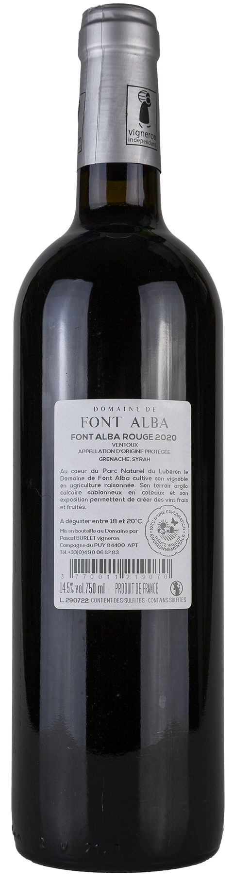 Rückseite einer Weinflasche Domaine de Font Alba 2020 aus dem Ventoux - Rhône. Ein trockener französischer Rotwein von Leons Weinhaus