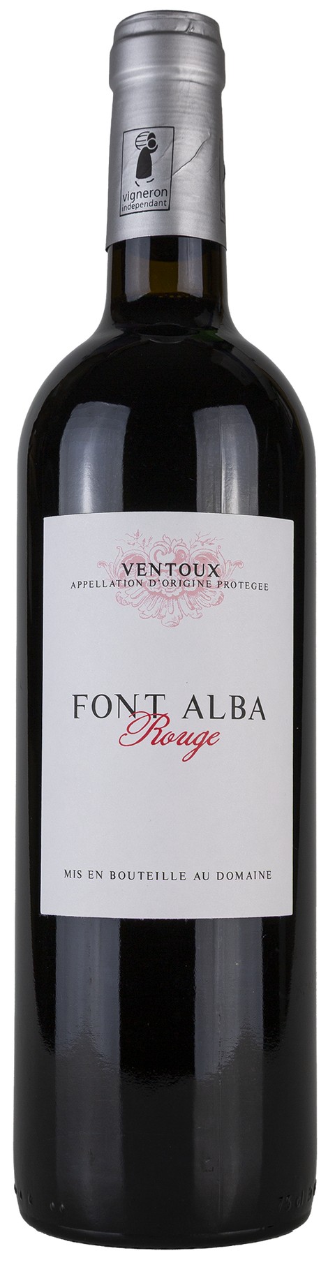 Vorderseite einer Weinflasche Domaine de Font Alba 2020 aus dem Ventoux - Rhône. Ein trockener französischer Rotwein von Leons Weinhaus