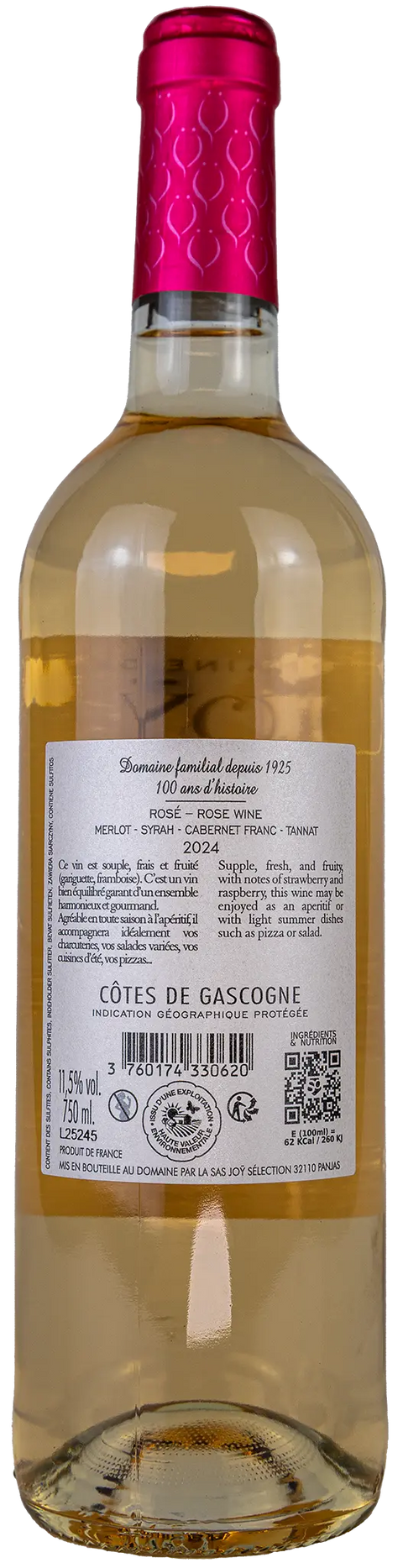 Nahaufnahme des Etiketts Domaine de Joy Eros rose 2024 aus der Gascogne mit Details zu den Rebsorten Merlot, Syrah, Cabernet Franc und Tannat. Ein Wein von Leons Weinhaus. 