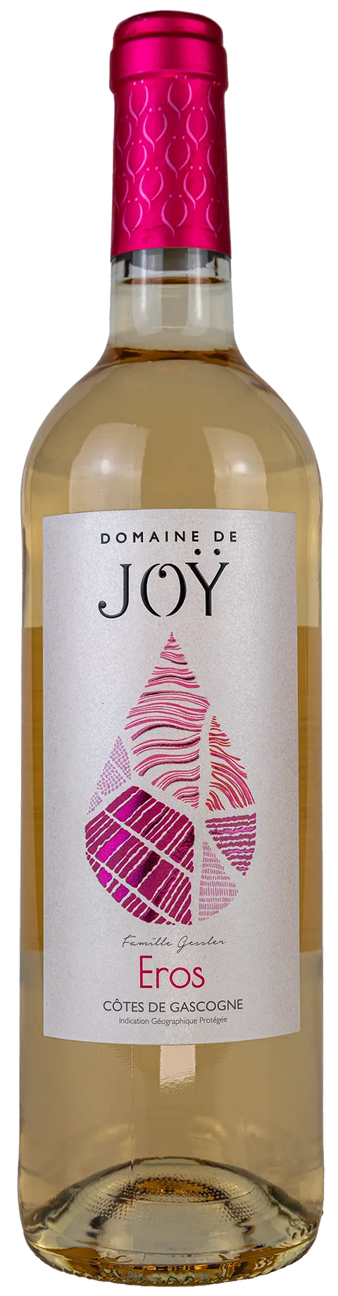 Vorderansicht der Weinflasche Domaine de Joy Eros 2024 aus der Gascogne. Ein trockener französischer Roséwein von Leons Weinhaus.