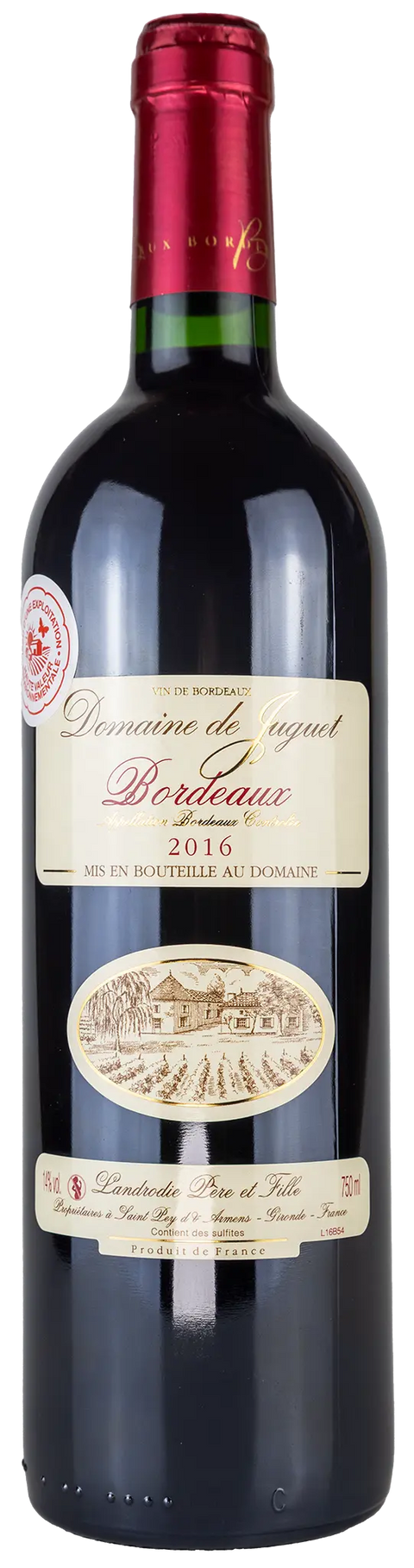 Vorderansicht der Weinflasche Domaine de Juguet 2016 aus dem Bordeaux. Ein trockener französischer Rotwein von Leons Weinhaus