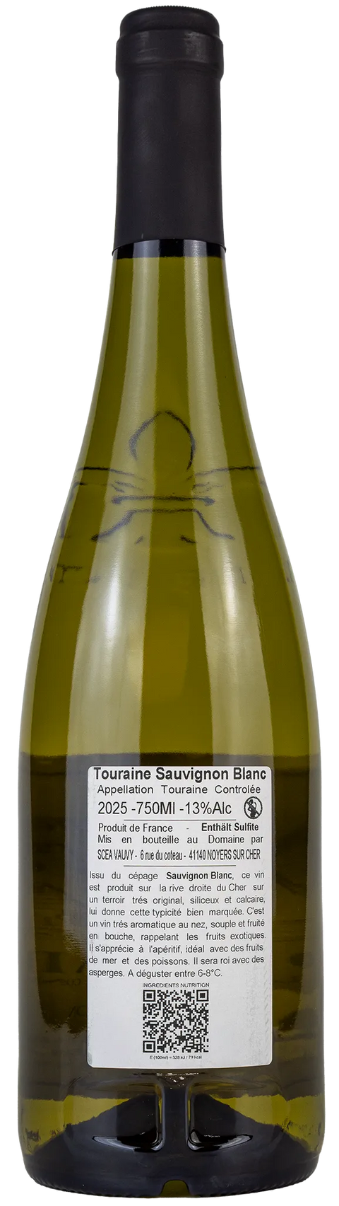 Rückseite einer Weinflasche Domaine de l´Hemoniere 2025 aus der Touraine - Loire. Ein trockener Weißwein von Leons Weinhaus
