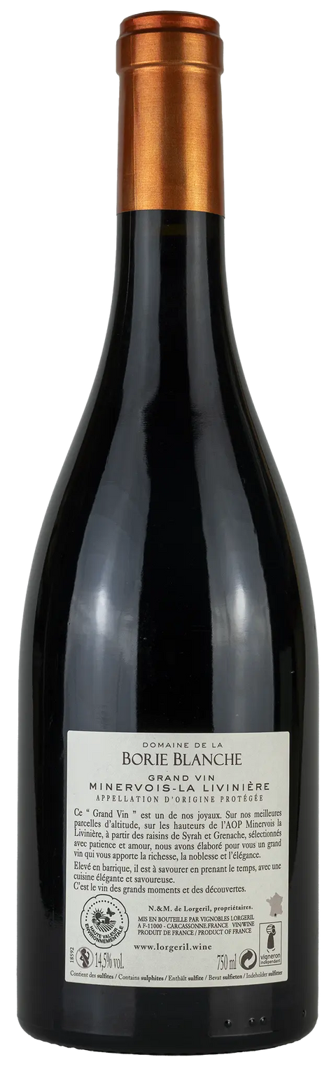 Rückseite einer Weinflasche Domaine de la Borie Blanche 2019 aus Minervois La Livinière - Languedoc. Ein trockener französischer Rotwein von Leons Weinhaus