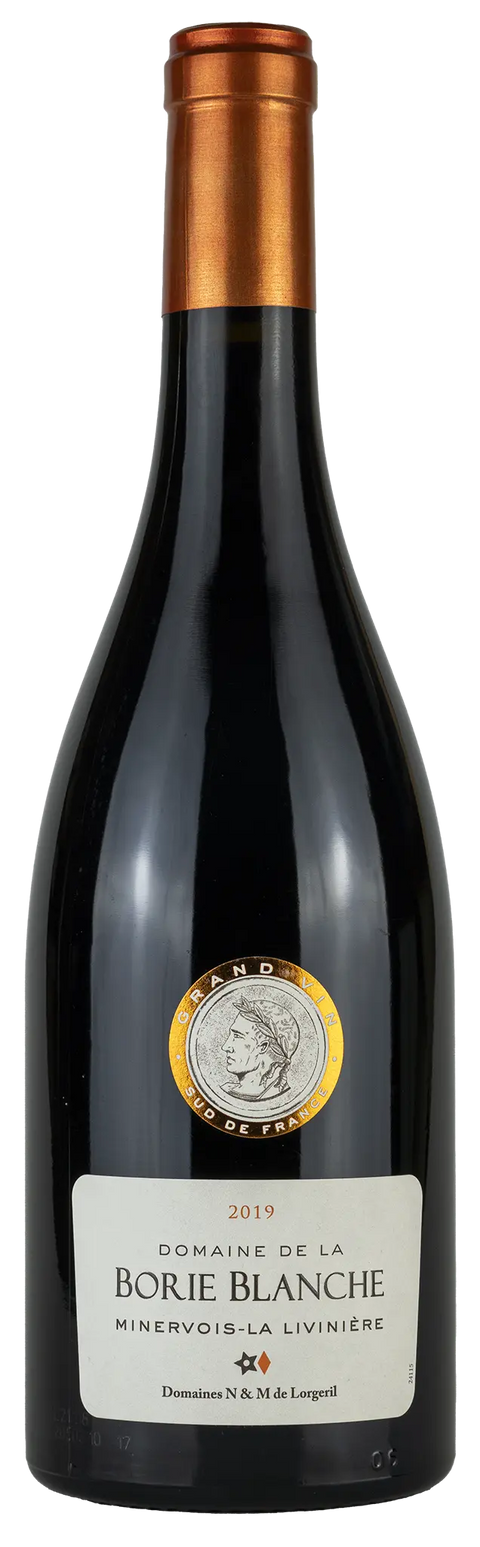Vorderseite einer Weinflasche Domaine de la Borie Blanche 2019 aus Minervois La Livinière - Languedoc. Ein trockener französischer Rotwein von Leons Weinhaus