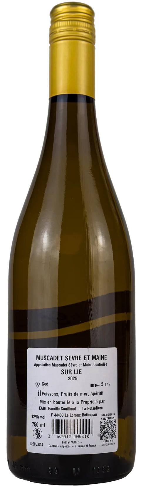 Nahaufnahme des Etiketts von Domaine de la Potardière Muscadet Sèvre et Maine sur Lie 2025 von der Loire mit Details zum Wein. 