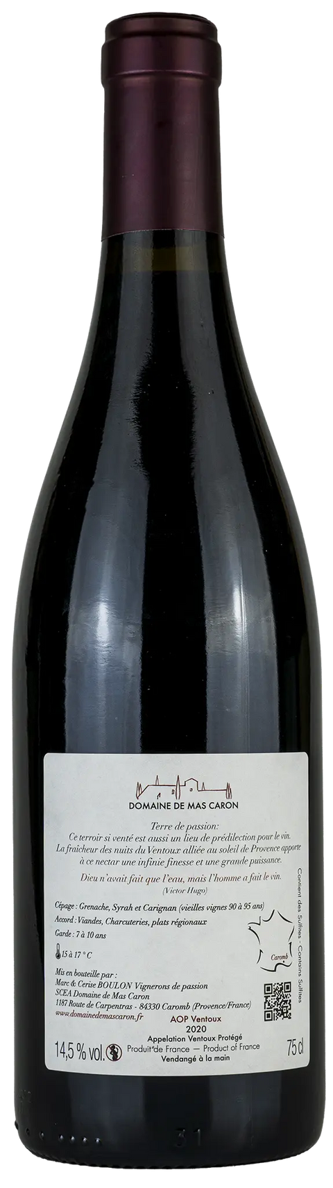 Nahaufnahme des Etiketts vom Domaine de Mas Caron Garance 2020 aus dem Ventoux, Rhône mit Details zu den Rebsorten von Leons Weinhaus.