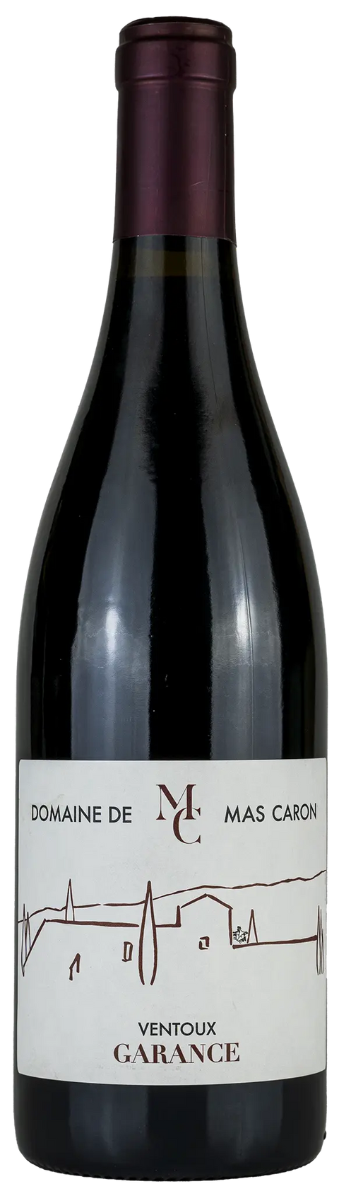 Vorderansicht der Weinflasche Domaine de Mas Caron Cuvee Garance 2020 aus dem Ventoux, Rhône. Ein trockener französischer Rotwein von Leons Weinhaus.