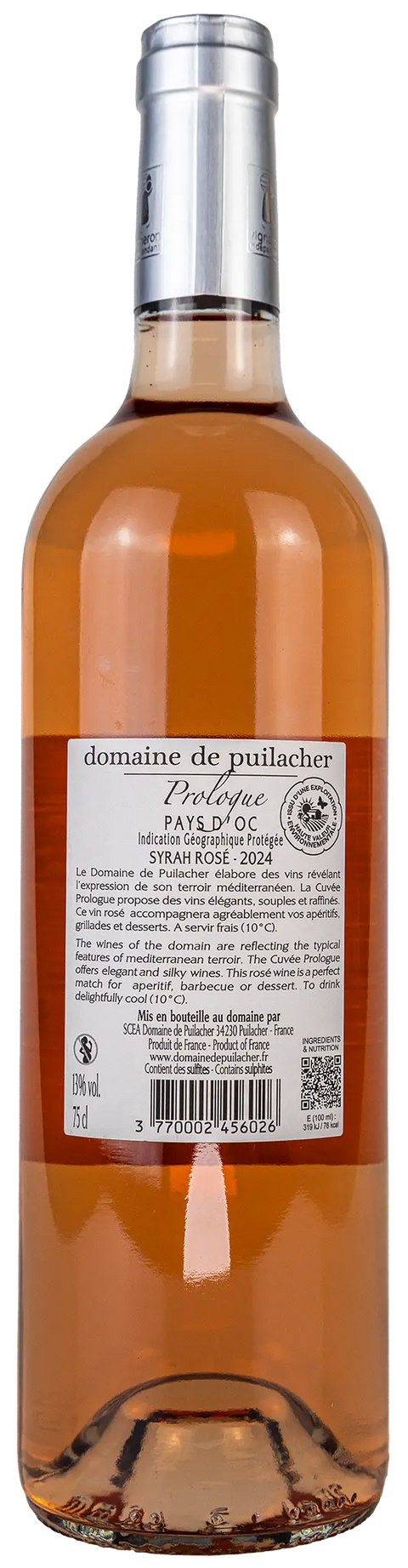 Nahaufnahme des Etiketts von Domaine de Puilacher Prologue Syrah 2024 aus dem Languedoc mit Details zu der Rebsorte Syrah und dem Wein von Leons Weinhaus. 