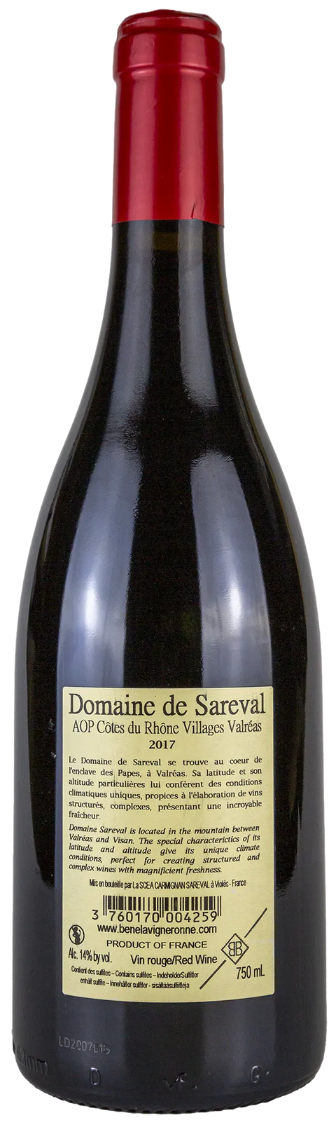 Nahaufnahme des Etiketts vom Domaine de Sareval 2017 Valreas, Côtes du Rhône Villages mit Details zu den Rebsorten von Leons Weinhaus.