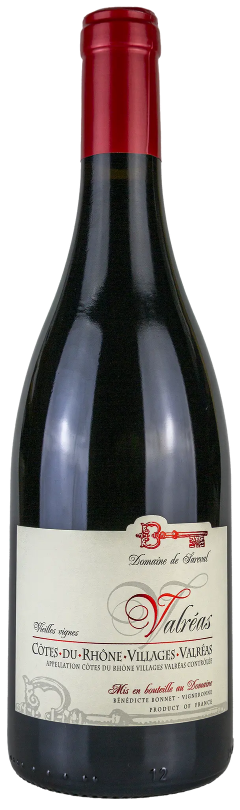 Vorderansicht der Weinflasche Domaine de Sareval 2017 aus dem Valreas, Côtes du Rhône Villages. Ein trockener französischer Rotwein von Leons Weinhaus.