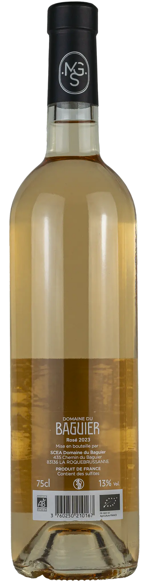 Rückseite einer Weinflasche Domaine du Baguier 2023 von der 	Coteaux Varois en Provence, ein trockener Bio Roséwein von Leons Weinhaus