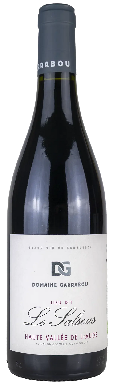 Vorderseite einer Weinflasche Domaine Garrabou 'Le Salsous' 2022 aus Aude - Languedoc. ein trockener französischer Bio Rotwein von Leons Weinhaus.