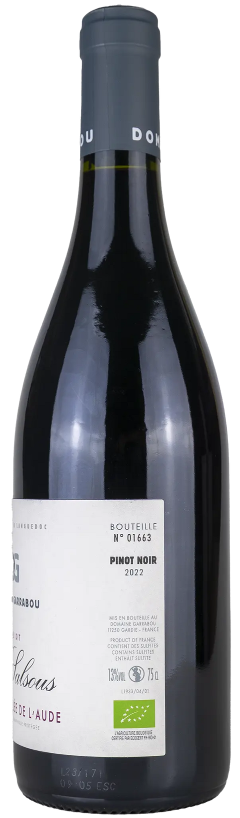 Rückseite einer Weinflasche Domaine Garrabou 'Le Salsous' 2022 aus Aude - Languedoc. ein trockener französischer Bio Rotwein von Leons Weinhaus.
