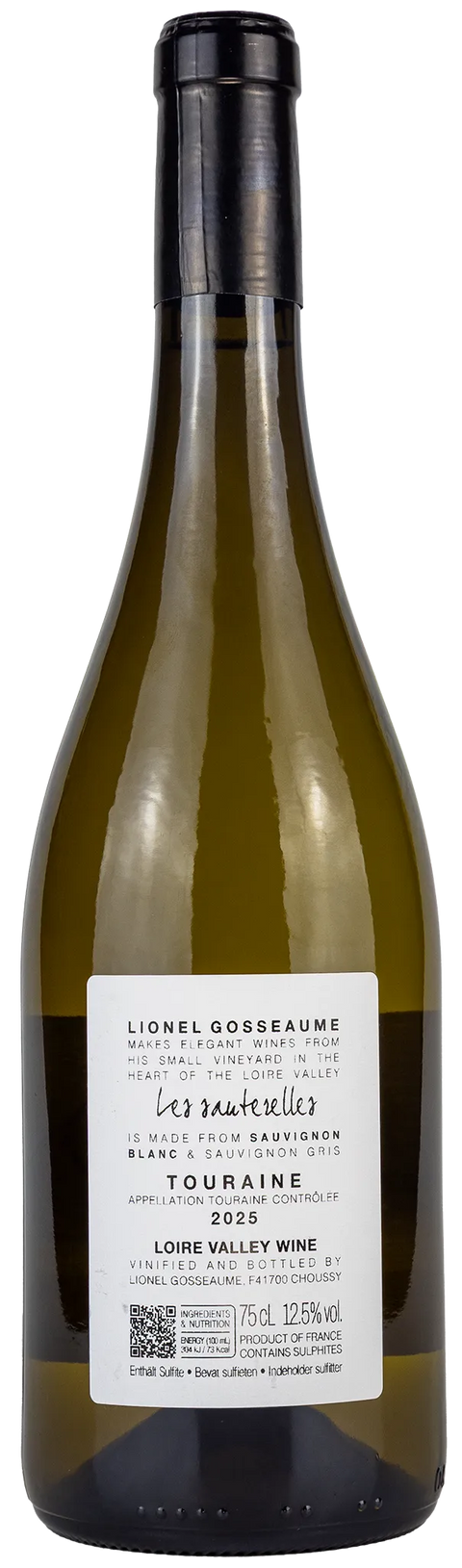 Rückseite einer Weinflasche Domaine Gosseaume 'Les Sauterelles' 2025 aus der Touraine - Loire, Sauvignon, ein trockener Weisswein von Leons Weinhaus