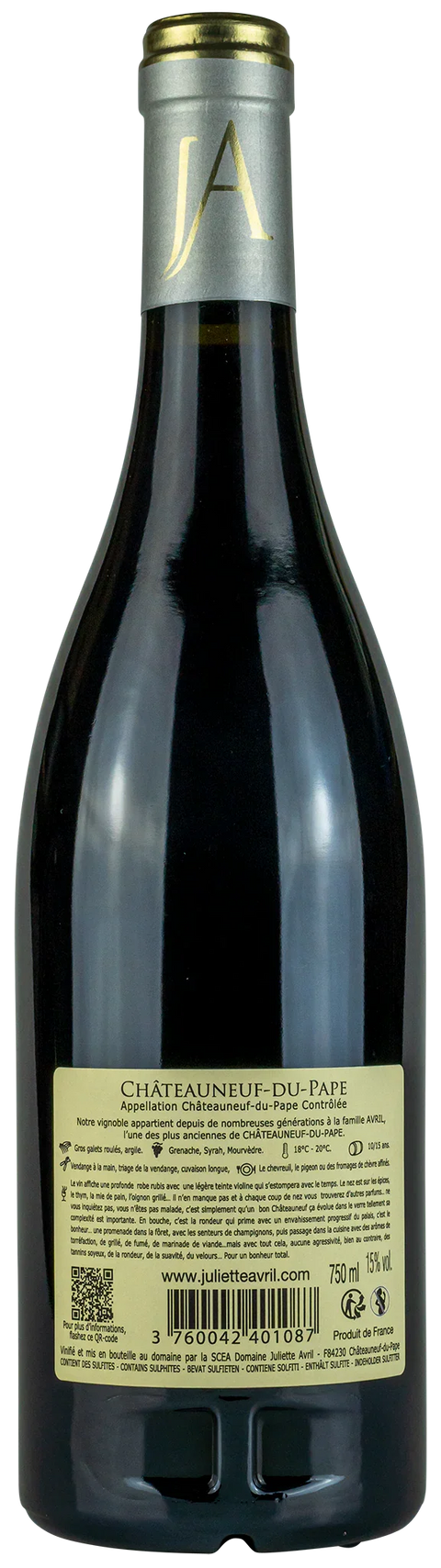 Vorderseite einer Weinflasche Domaine Juliette Avril Châteauneuf-du-Pape 2021 von der Rhône, ein trockener französischer Rotwein von Leons Weinhaus