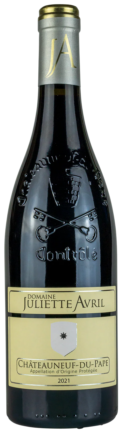 Vorderseite einer Weinflasche Domaine Juliette Avril Châteauneuf-du-Pape 2021 von der Rhône, ein trockener französischer Rotwein von Leons Weinhaus
