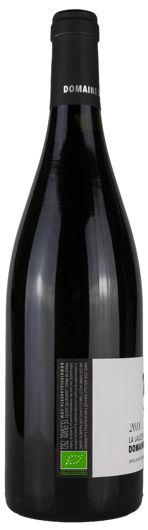 Rückseite einer Weinflasche Domaine La Lauzeta 'La Lauzeta' 2018 aus Saint Chinian Roquebrun - Languedoc. Ein trockener Bio Rotwein von Leons Weinhaus