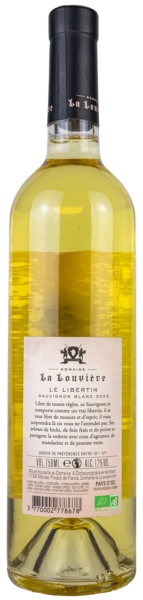 Nahaufnahme des Etiketts von Domaine La Louvière Le Libertin Sauvignon Blanc 2023 aus dem Languedoc mit Details zum Wein und der Rebsorte Sauvignon Blanc. Ein französischer Weisswein von Leons Weinhaus.