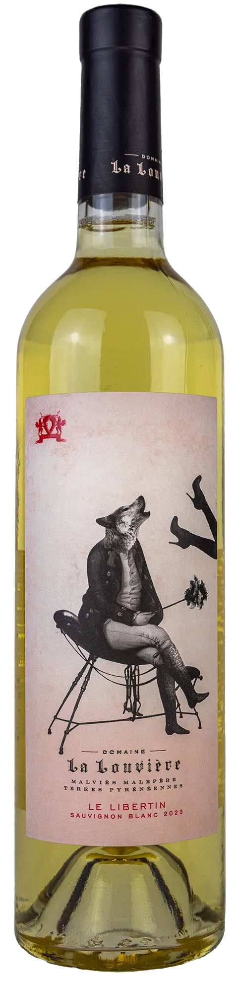 Vorderansicht der Weinflasche Domaine La Louvière Le Libertin Sauvignon Blanc 2023 aus dem Languedoc. Ein trockener französischer Weisswein von Leons Weinhaus. 