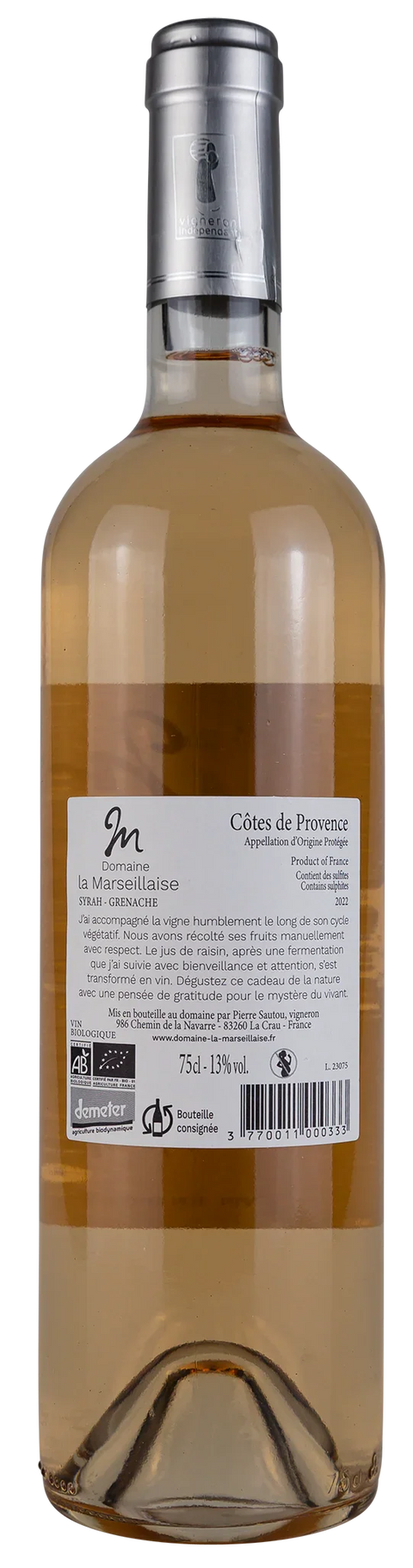 Rückseite einer Weinflasche Domaine La Marseillaise 2022, von der Côtes de Provence, ein trockener Roséwein von Leons Weinhaus