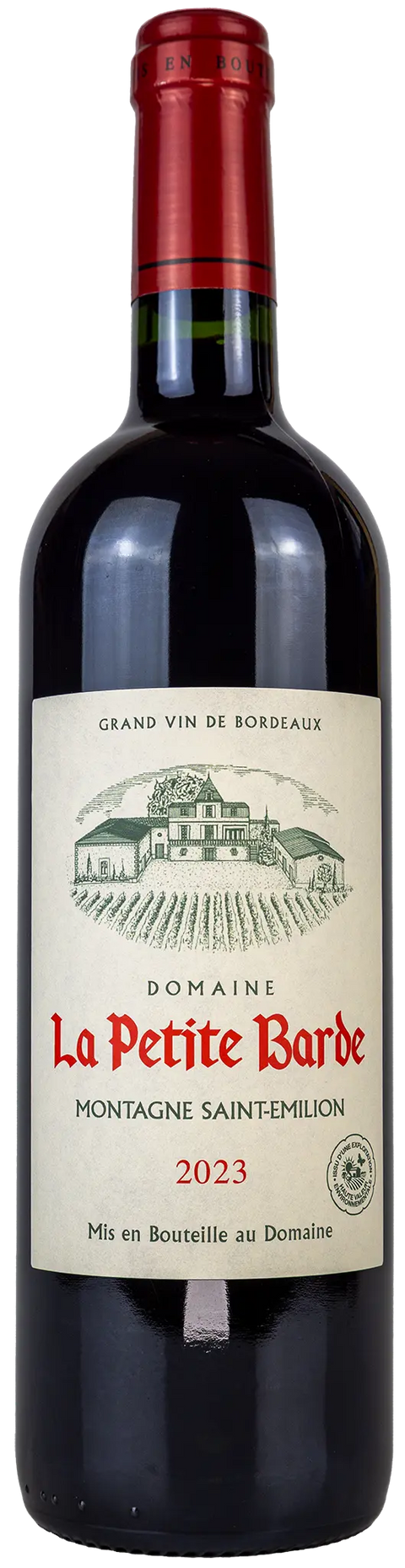Vorderansicht der Weinflasche Domaine La Petite Barde 2023 aus dem Montagne-Saint-Emilion, Bordeaux. Ein trockener französischer Rotwein von Leons Weinhaus.