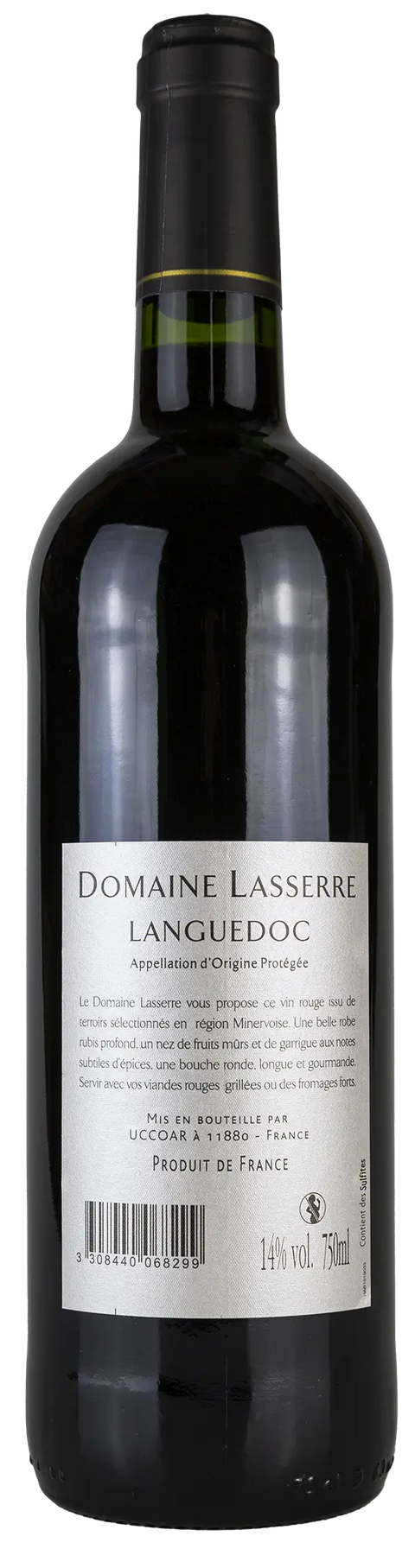 Rückseite einer Weinflasche Domaine Lasserre 2020 aus dem Languedoc. ein trockener französischer Rotwein von Leons Weinhaus.