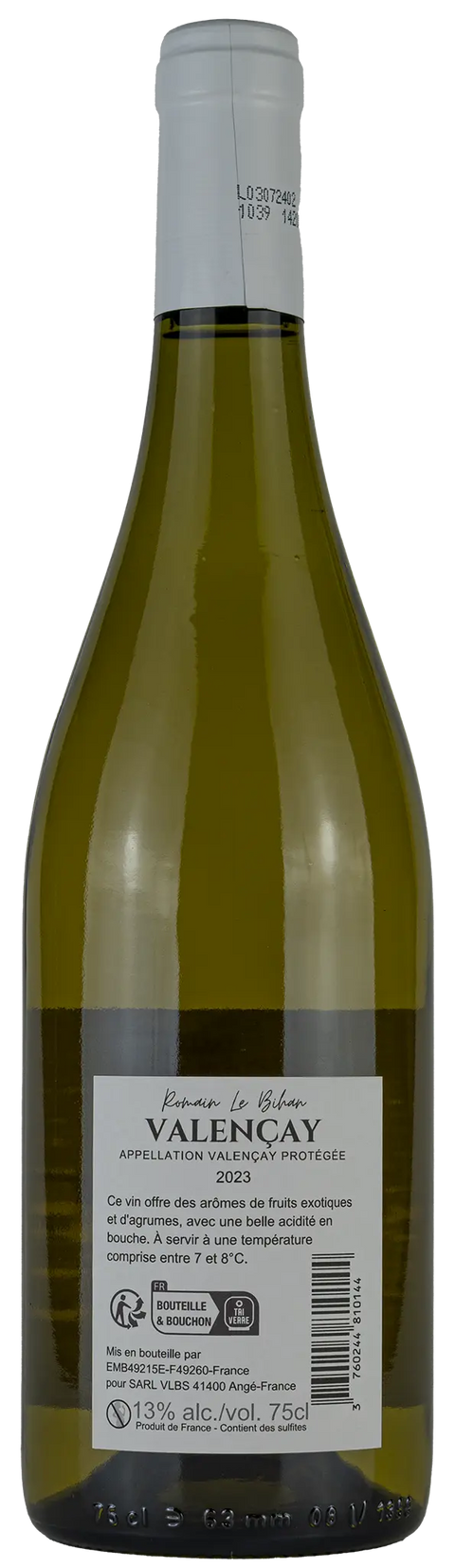 Rückseite einer Weinflasche Domaine Le Bihan 2023, aus Valencay von der Loire, ein trockener Weisswein von Leons Weinhaus
