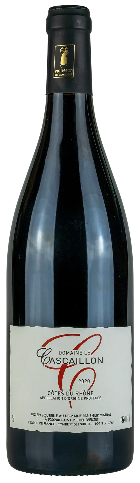Vorderseite einer Weinflasche Domaine Le Cascaillon 2020, von der Côtes du Rhône, ein trockener französischer Rotwein von Leons Weinhaus