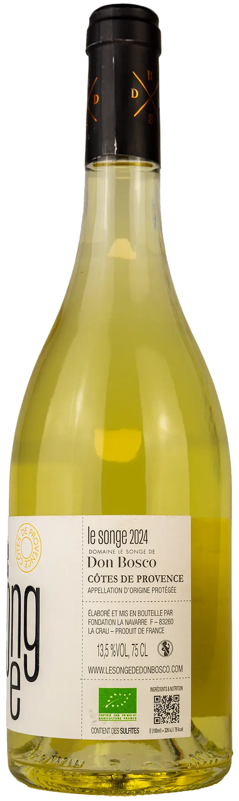 Nahaufnahme des Etiketts von Domaine Le Songe de Don Bosco blanc 2024 aus der Provence mit Details zum Wein. 